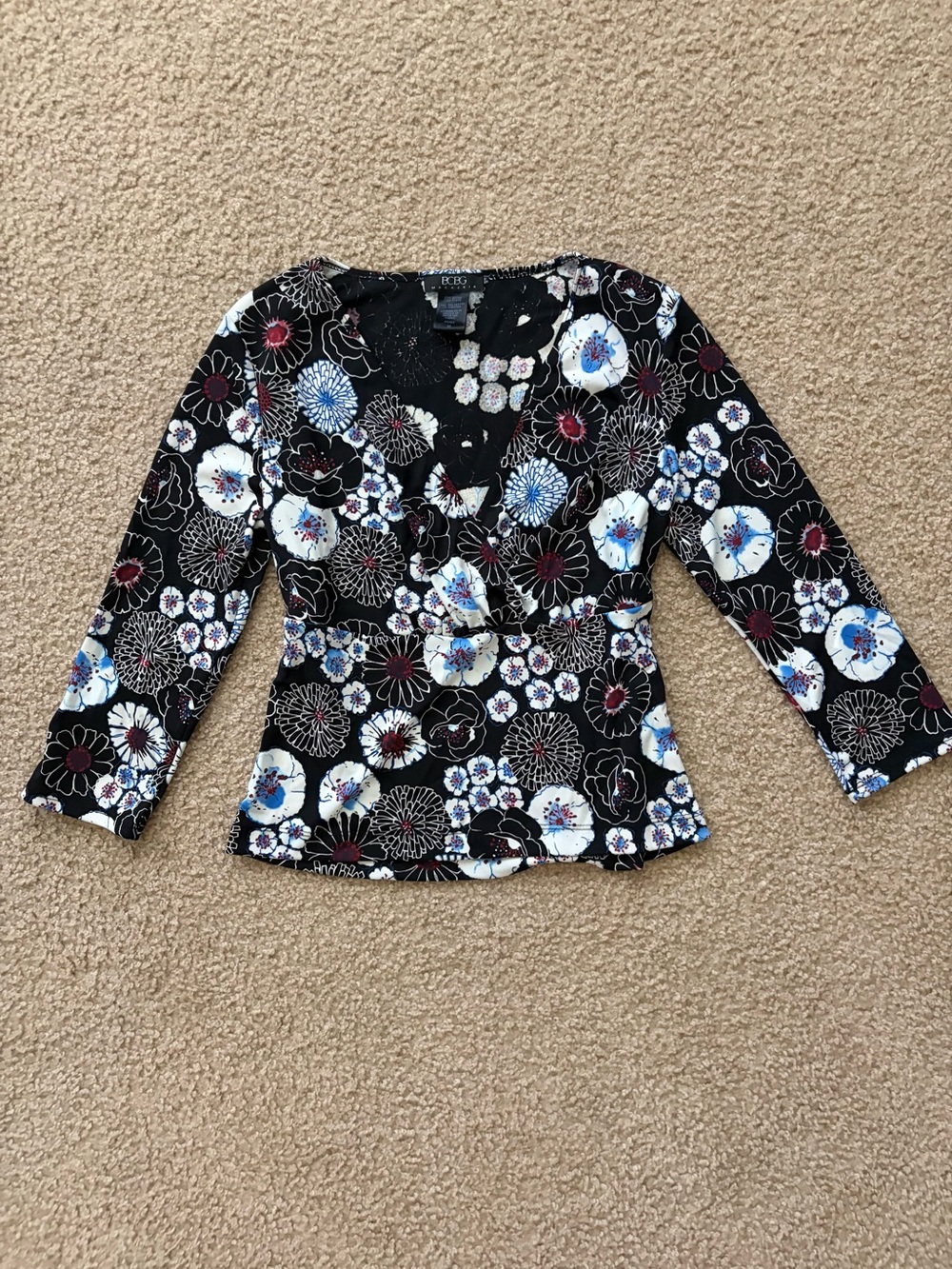 BCBGMaxAzria Black Floral Surplice Wrap Blouse
